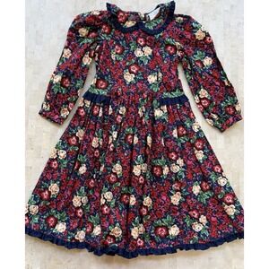Mousefeathers VTG Dress Girls 7 Pink Navy Floral Peasant Dress Victorian Ruffle